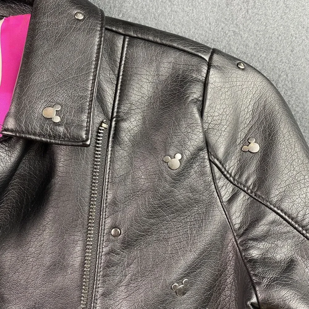Disney Moto Zip Faux Leather Mickey Mouse Studded Jacket Size 9-10 Black Pink